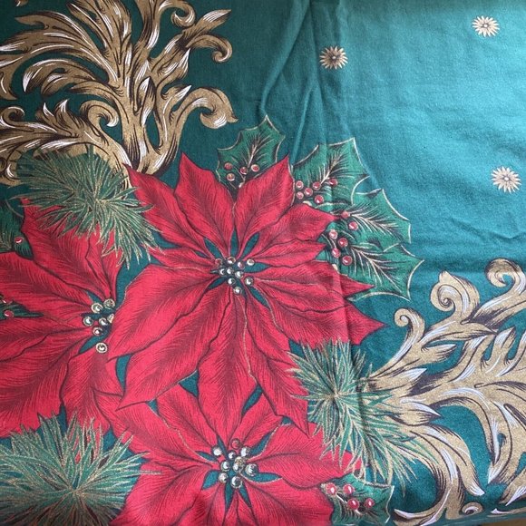 Christmas Tablecloth Green With Poinsettias 62 x 103 Rectangle - Picture 2 of 5